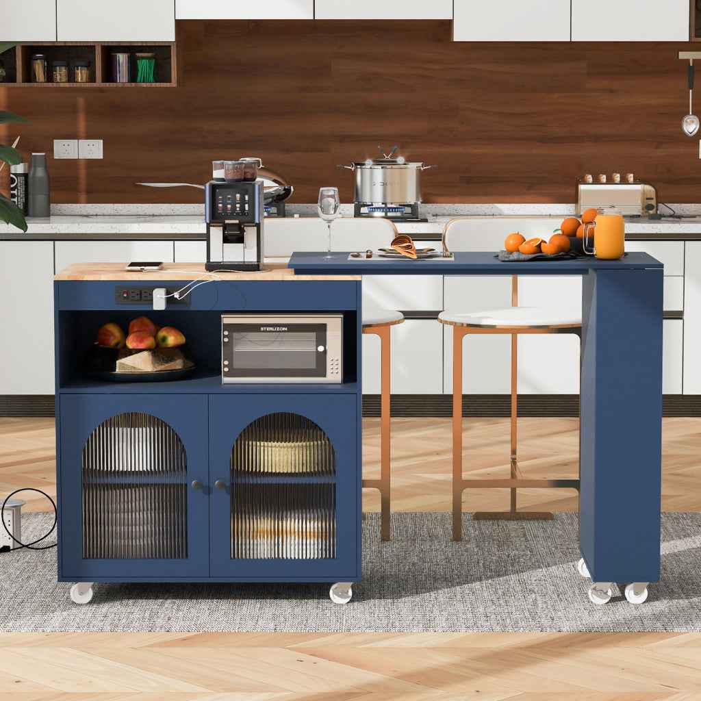 33" Navy Blue Wood Rolling Kitchen Island With Storage
