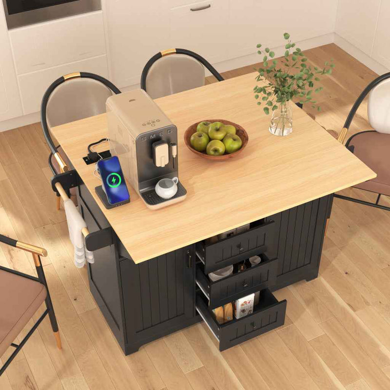 56" Black Wood Rolling Kitchen Island With Storage