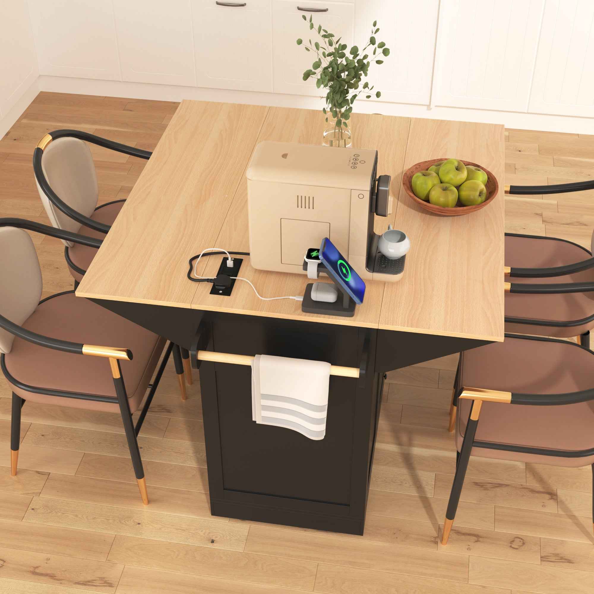 56" Black Wood Rolling Kitchen Island With Storage