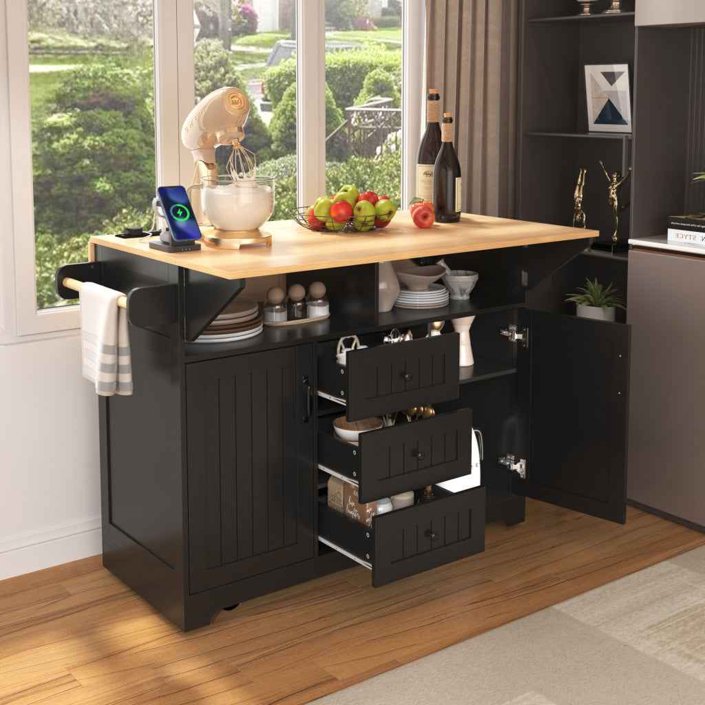 56" Black Wood Rolling Kitchen Island With Storage