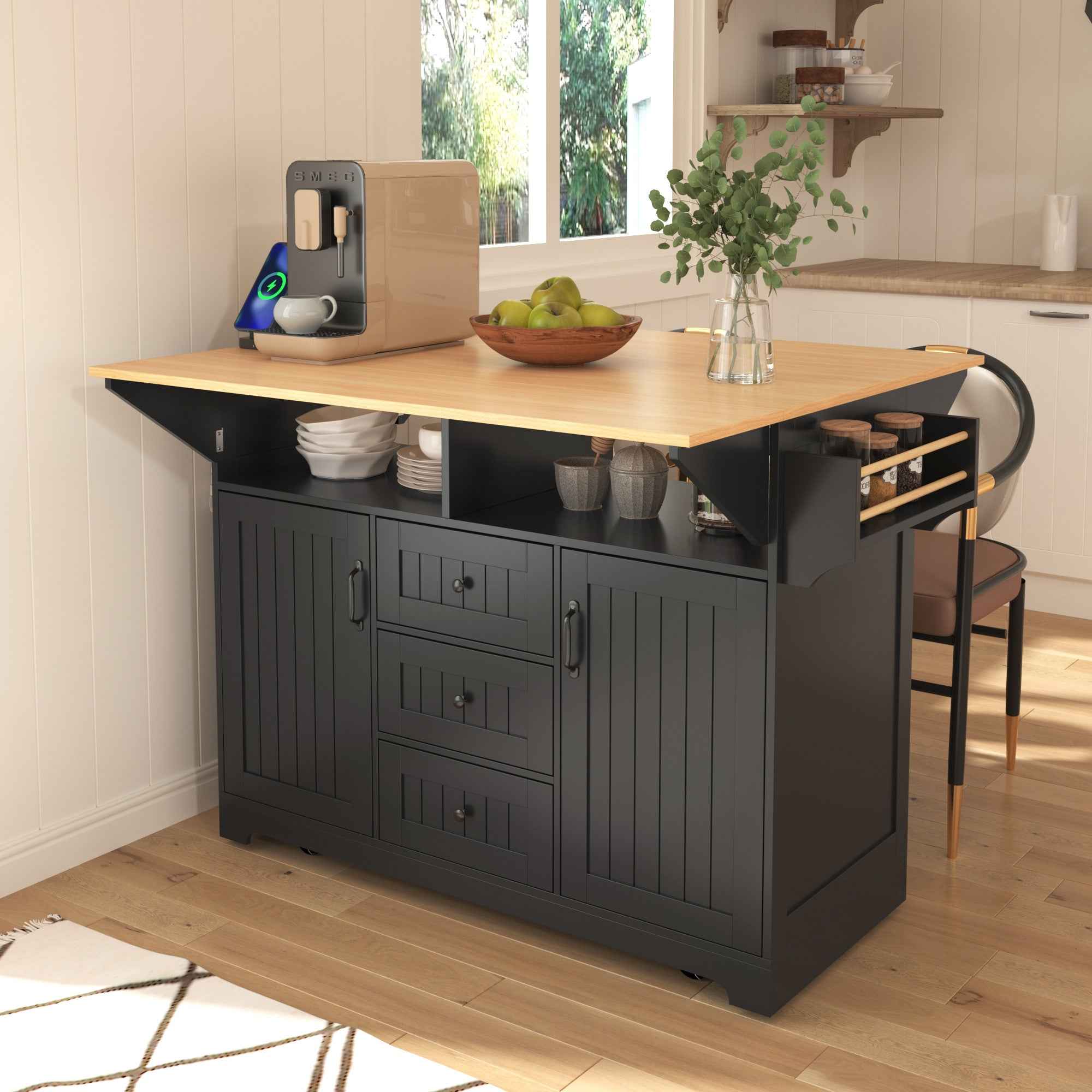 56" Black Wood Rolling Kitchen Island With Storage