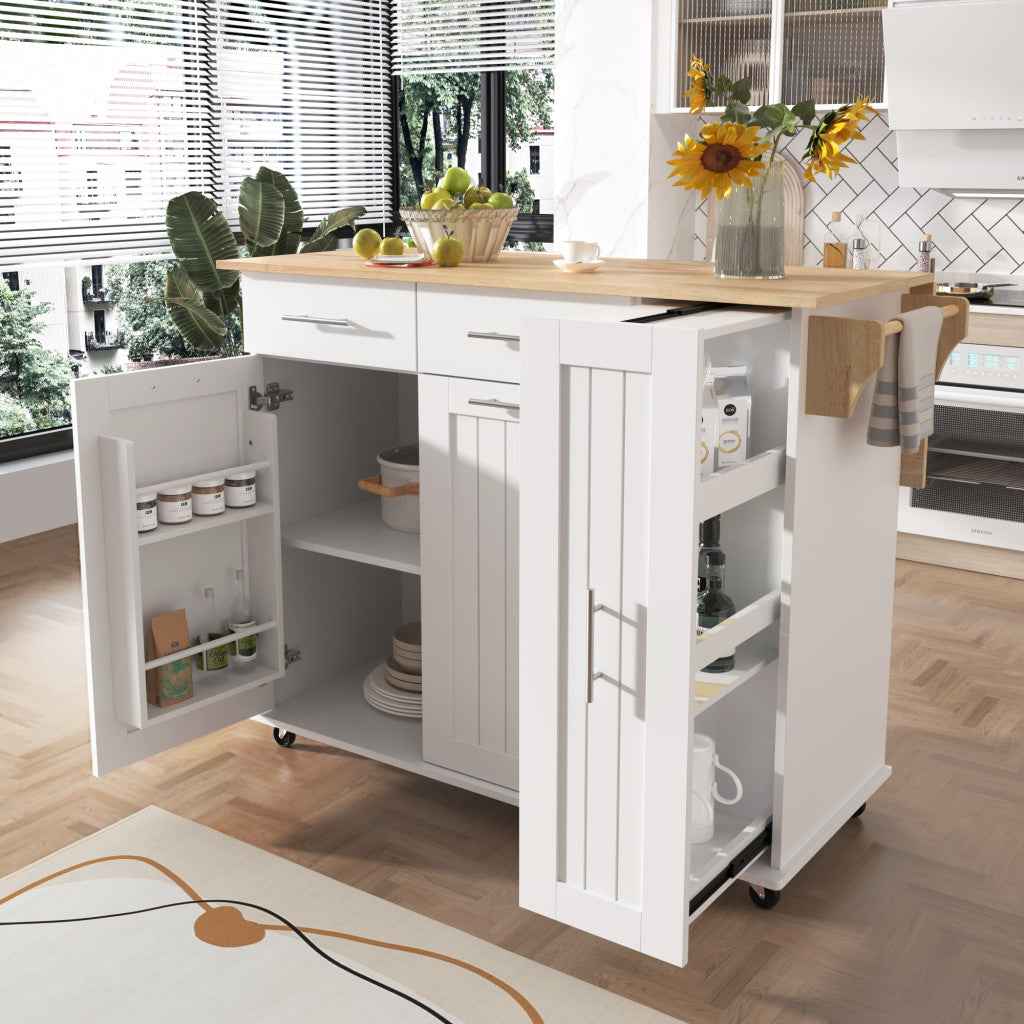 46" White Wood Rolling Kitchen Island With Storage