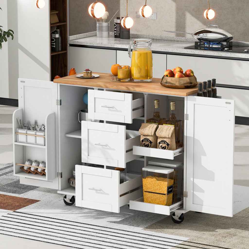 50" White Wood Rolling Kitchen Island