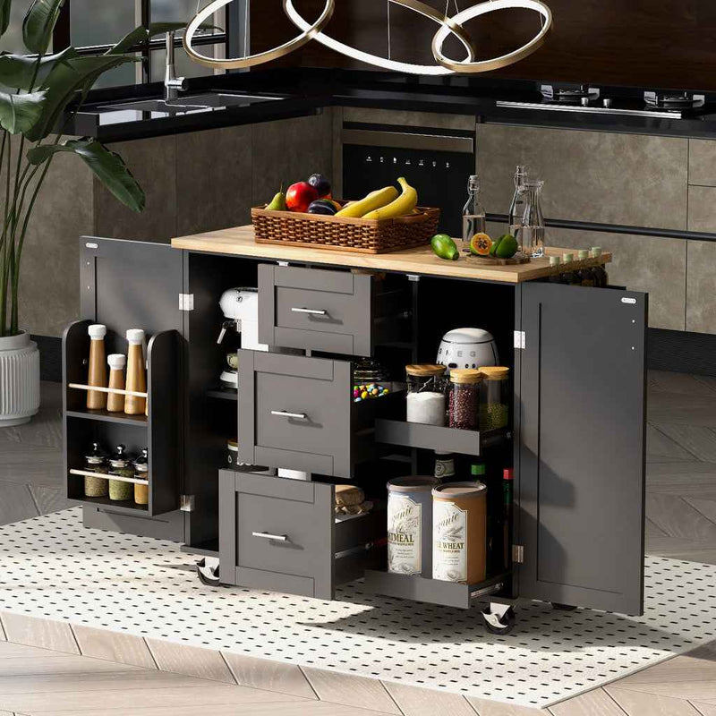 50" Black Wood Rolling Kitchen Island