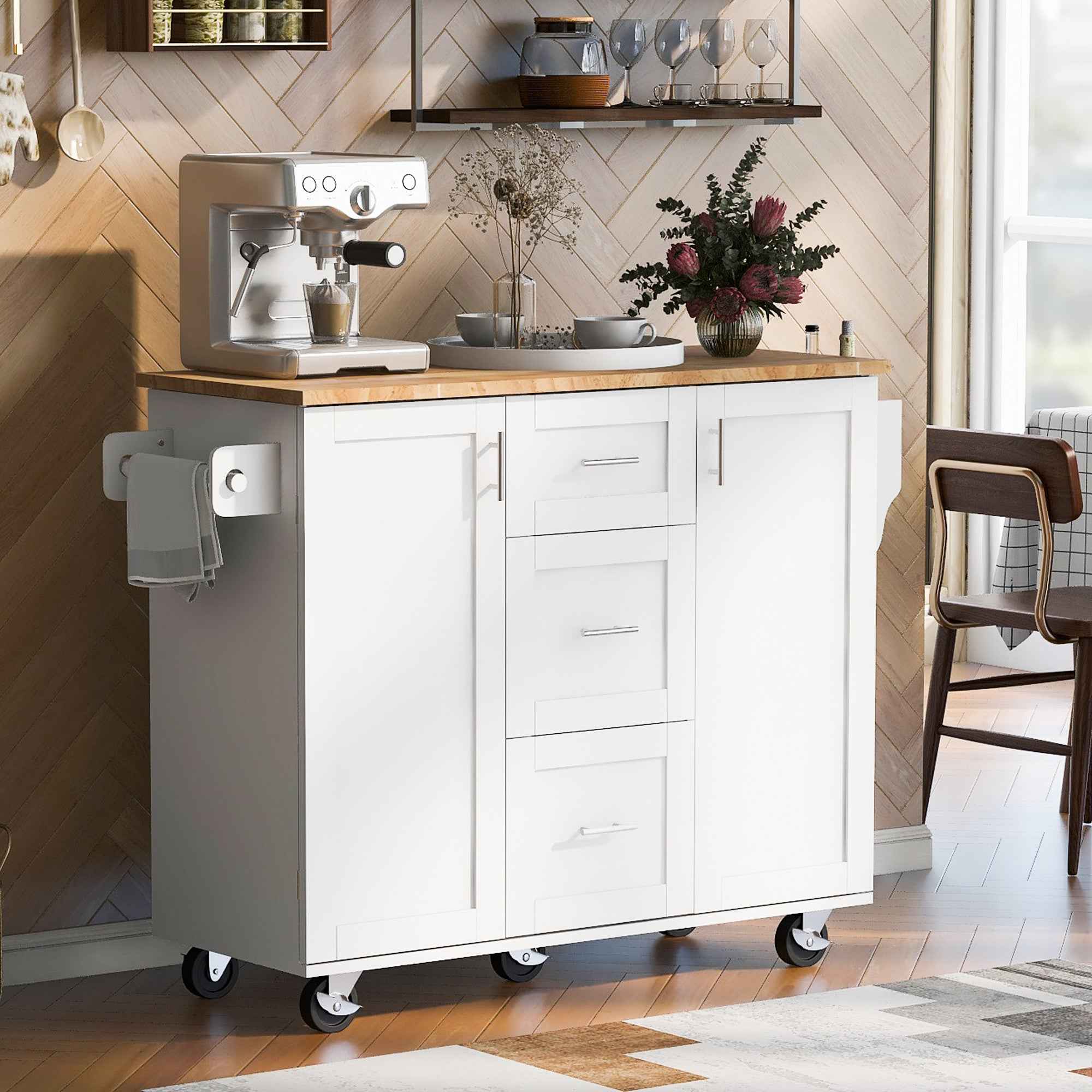 50" White Wood Rolling Kitchen Island