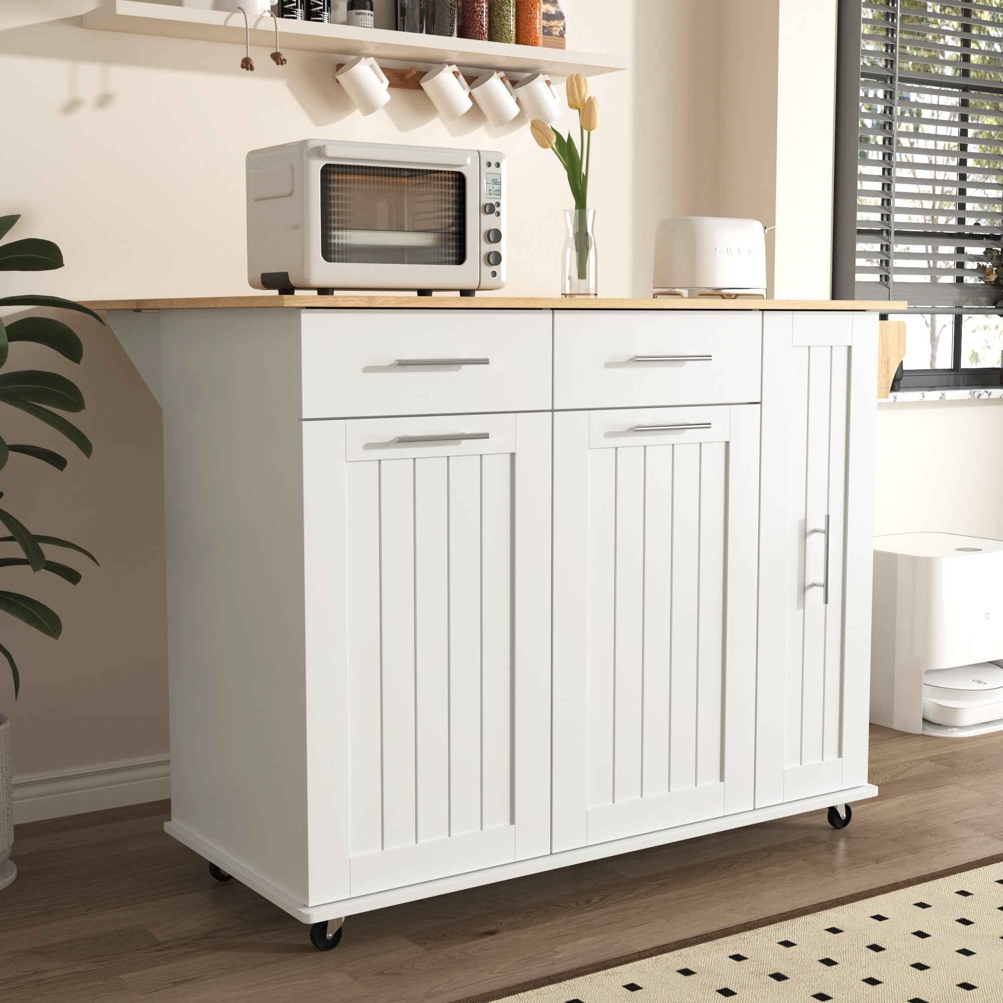 46" White Wood Rolling Kitchen Island With Storage
