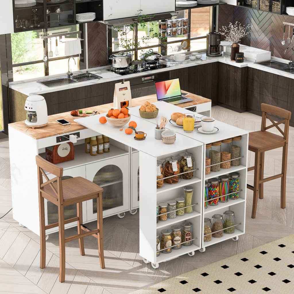 33" White Wood Rolling Kitchen Island With Storage
