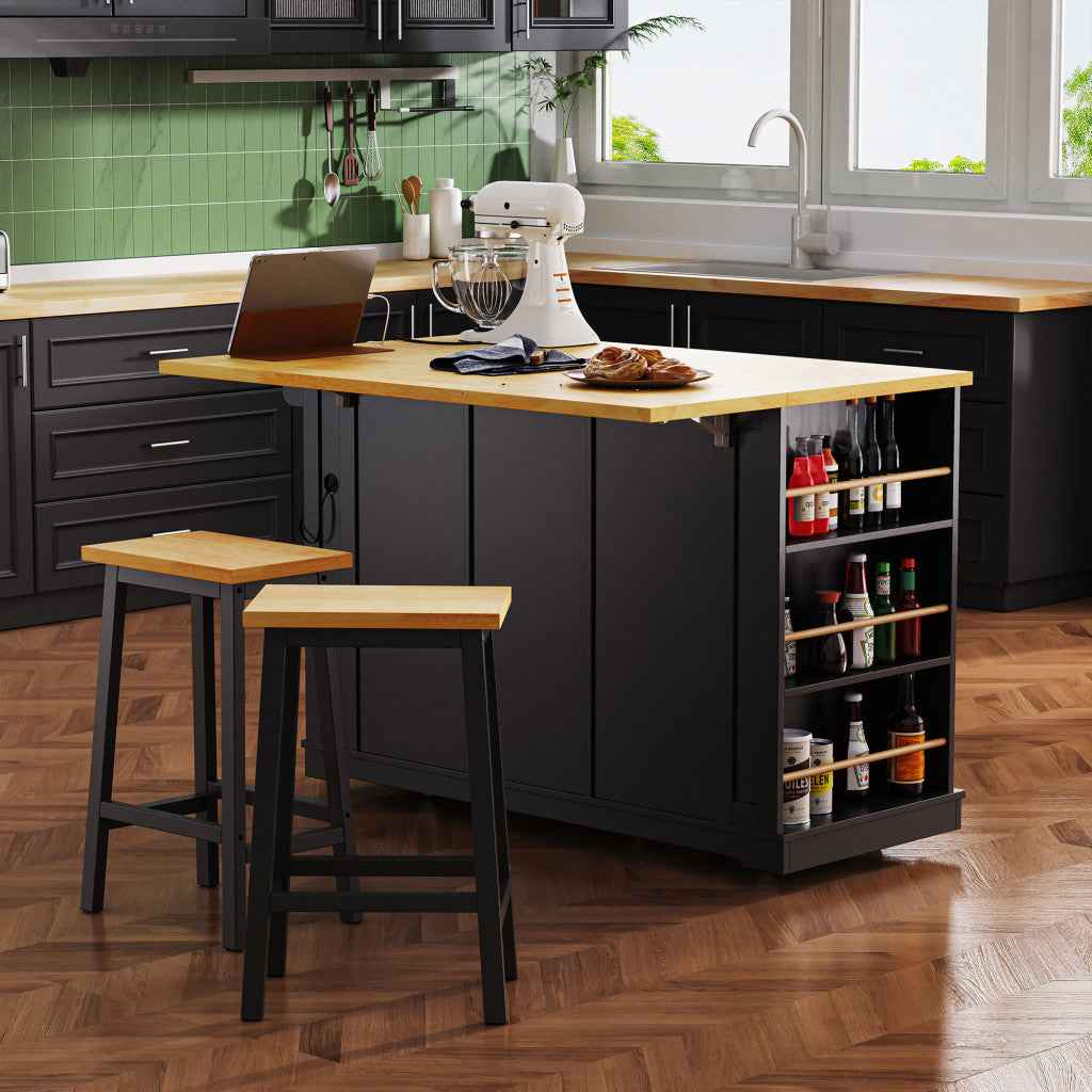 53" Black Wood Rolling Kitchen Island With Storage