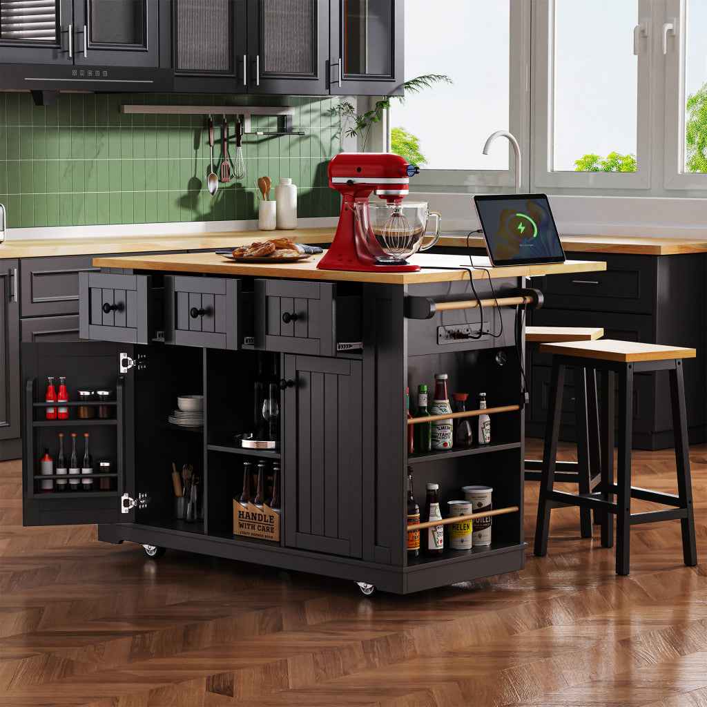 53" Black Wood Rolling Kitchen Island With Storage