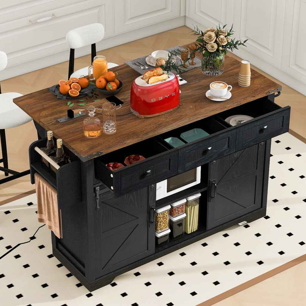54" Black Wood Rolling Kitchen Island
