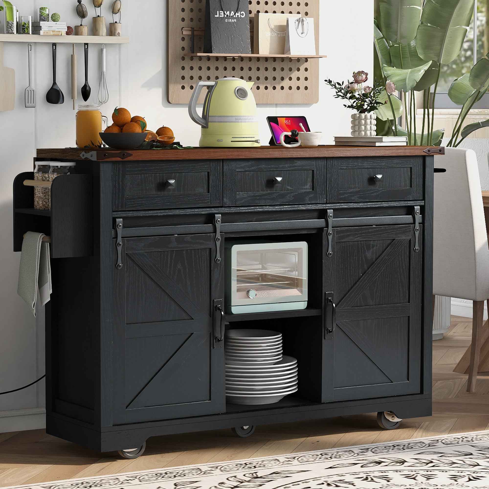 54" Black Wood Rolling Kitchen Island