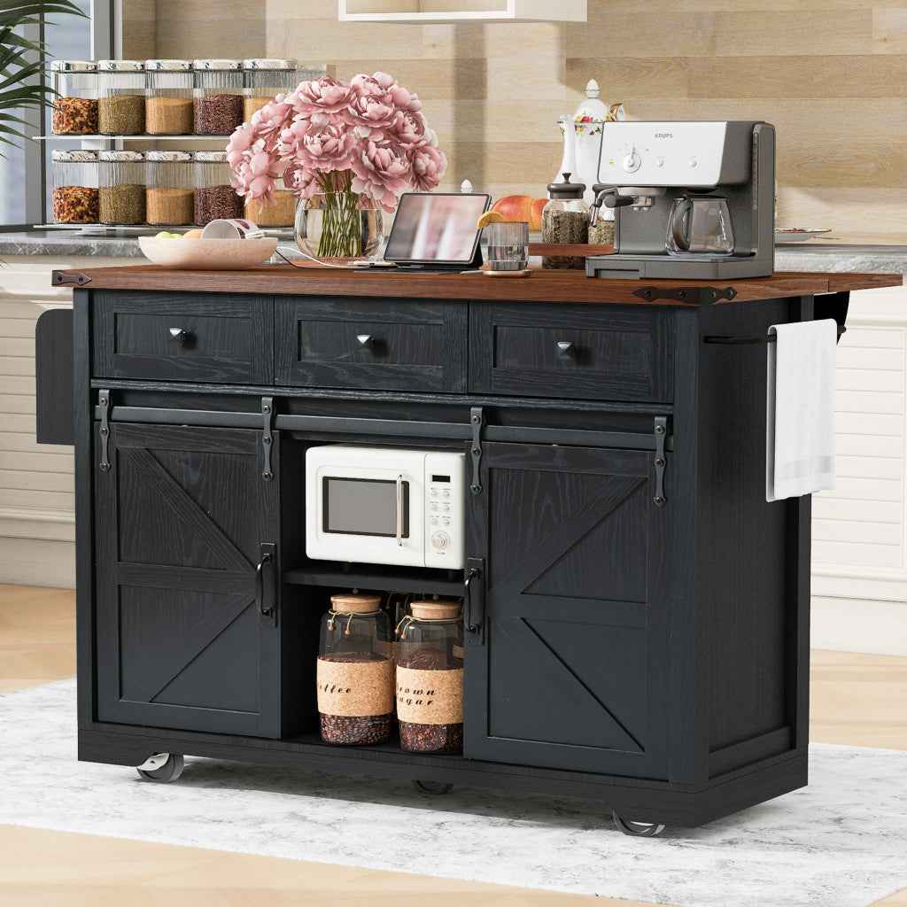 54" Black Wood Rolling Kitchen Island