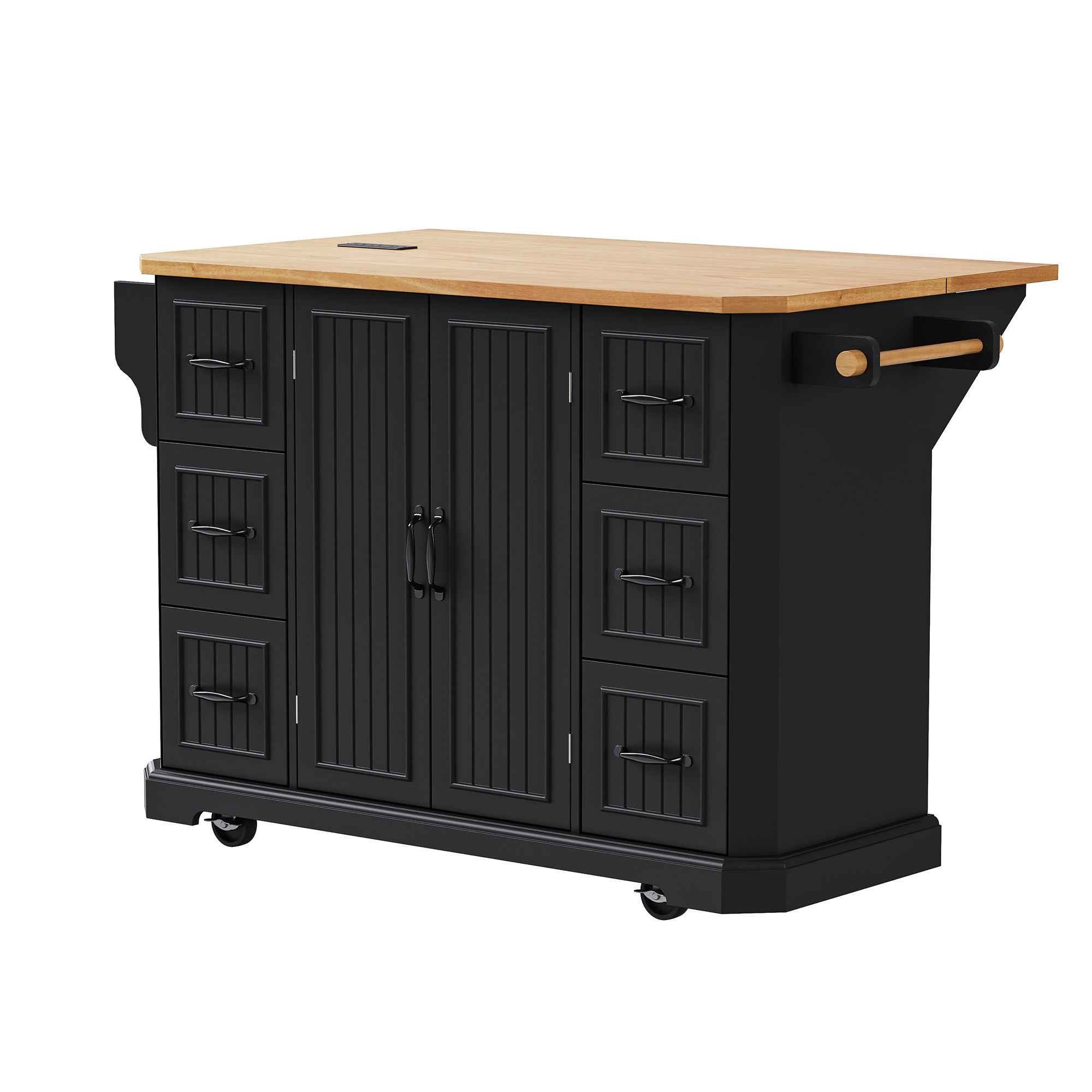 56" Black Wood Rolling Kitchen Island