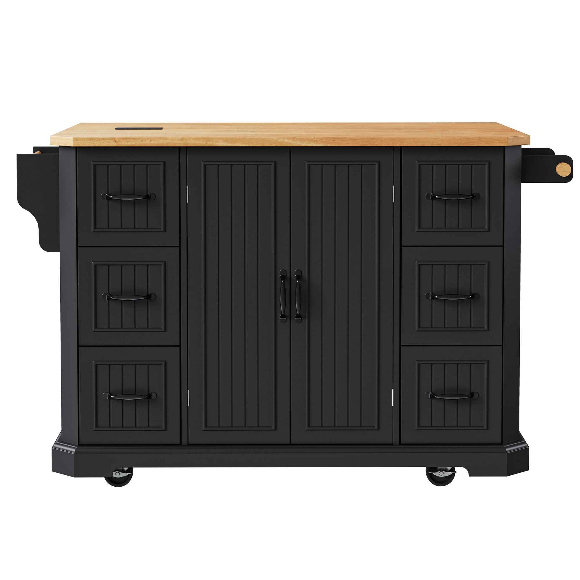 56" Black Wood Rolling Kitchen Island