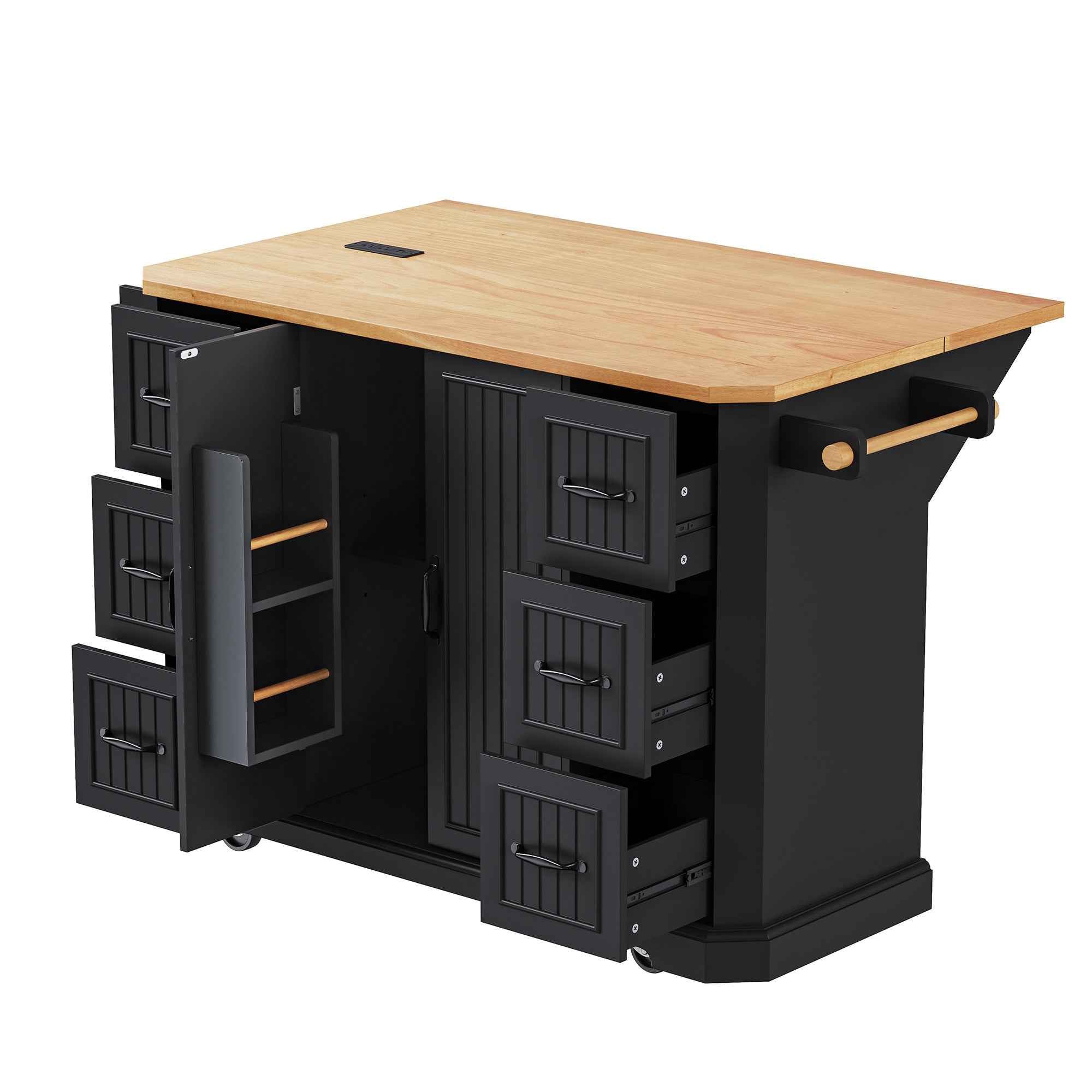 56" Black Wood Rolling Kitchen Island