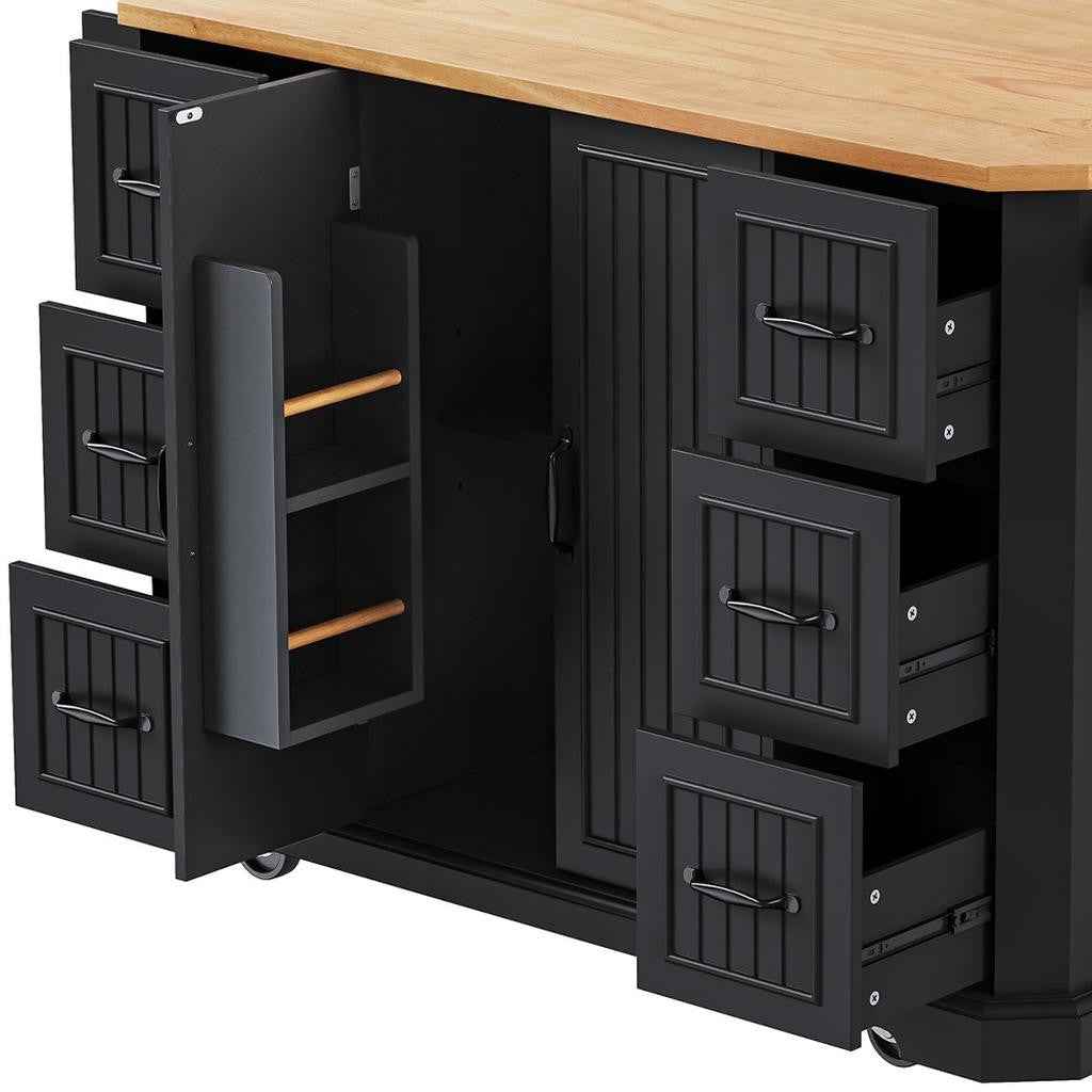 56" Black Wood Rolling Kitchen Island