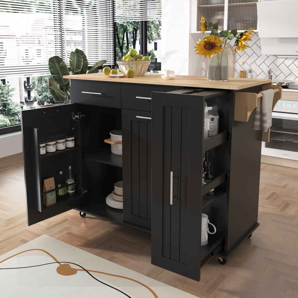 46" Black Wood Rolling Kitchen Island With Storage