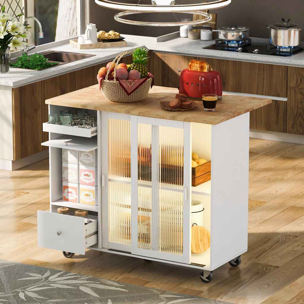 44" White Wood Rolling Kitchen Island With Storage