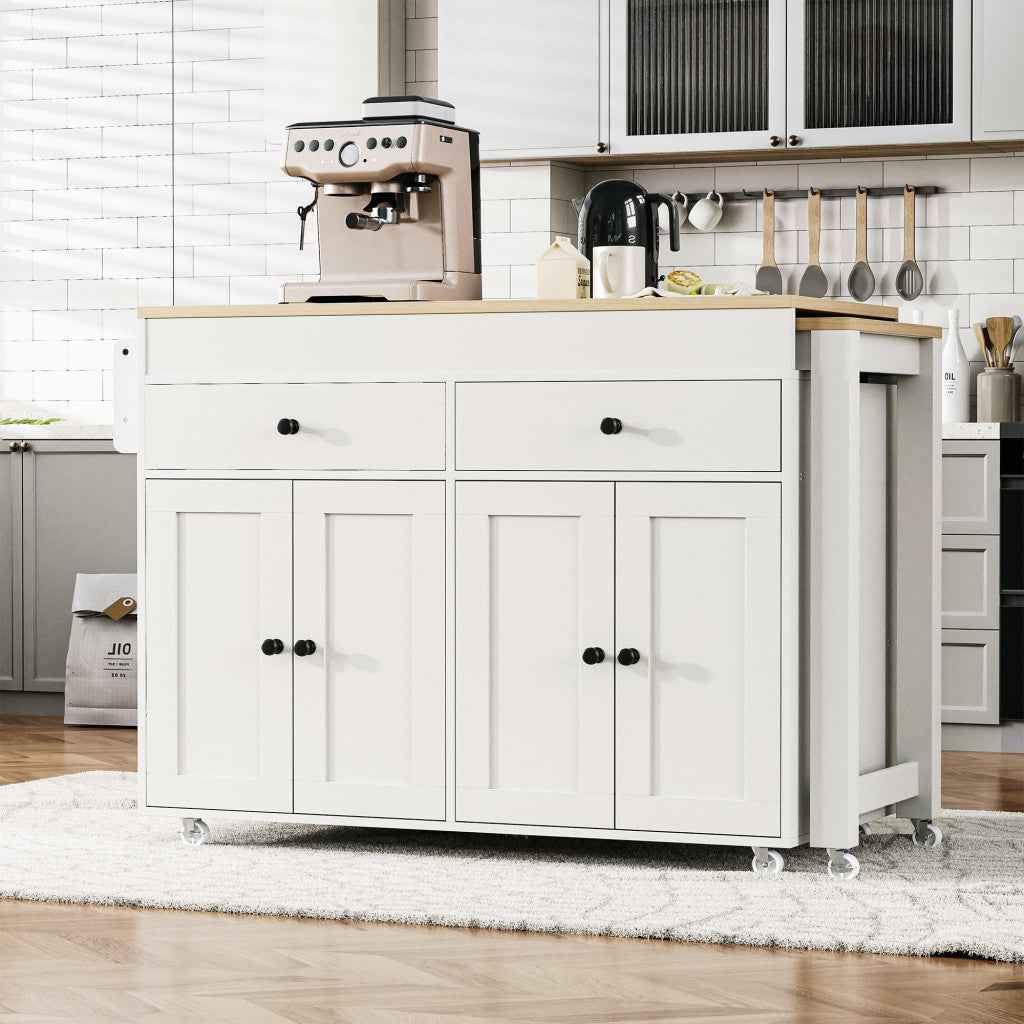 51" White Wood Rolling Kitchen Island