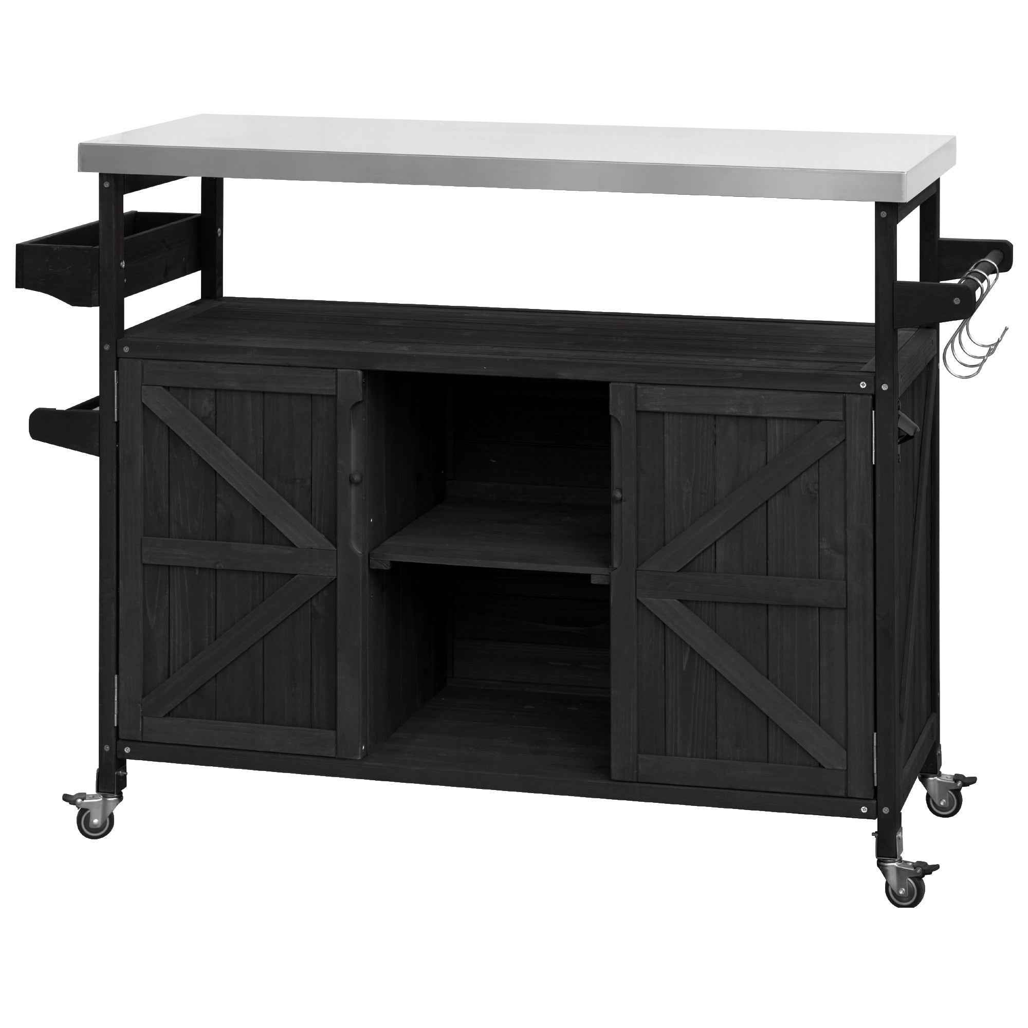 50" Black Wood Rolling Kitchen Island With Storage