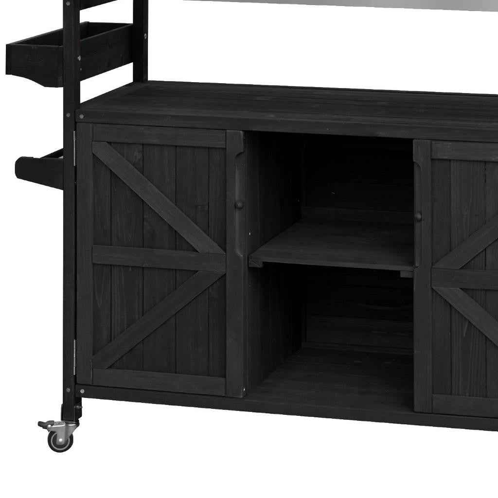 50" Black Wood Rolling Kitchen Island With Storage