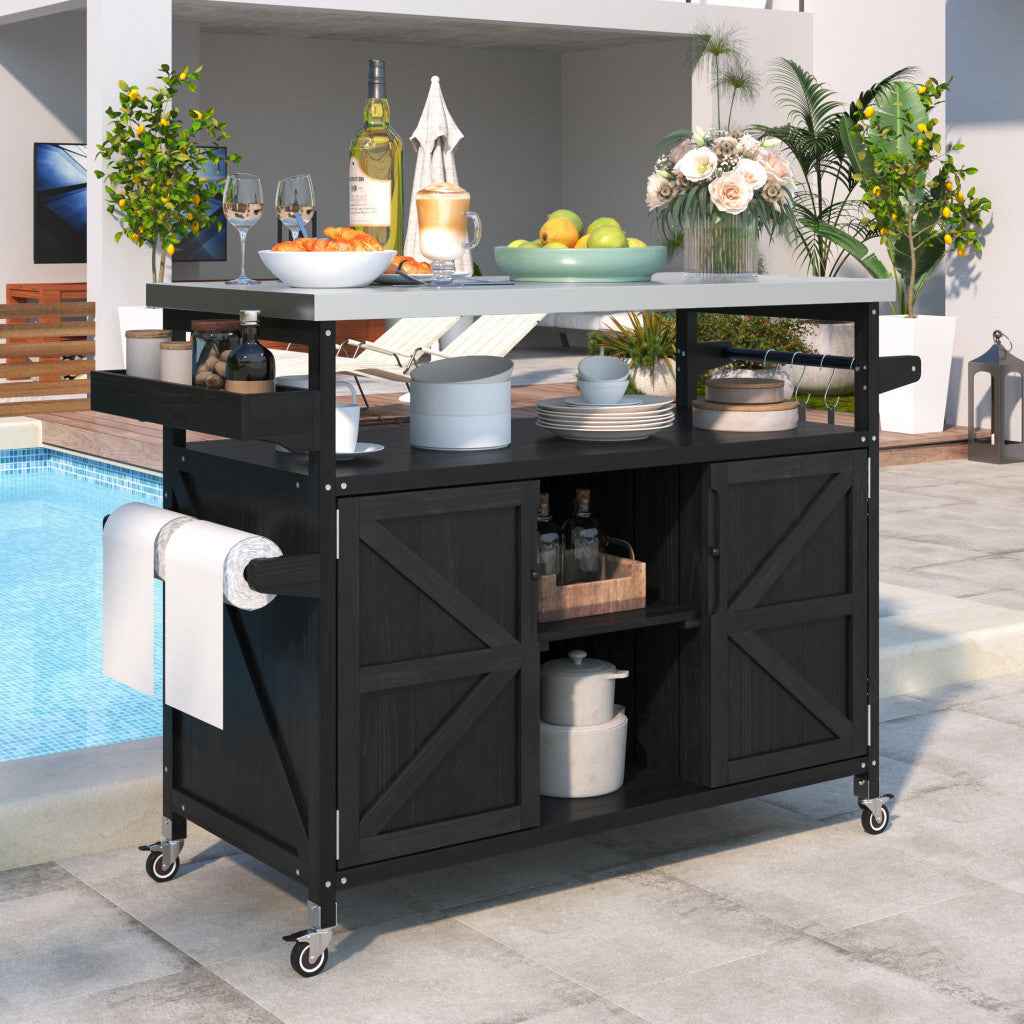 50" Black Wood Rolling Kitchen Island With Storage