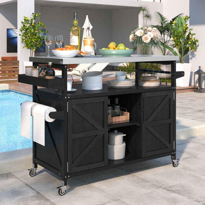 50" Black Wood Rolling Kitchen Island With Storage