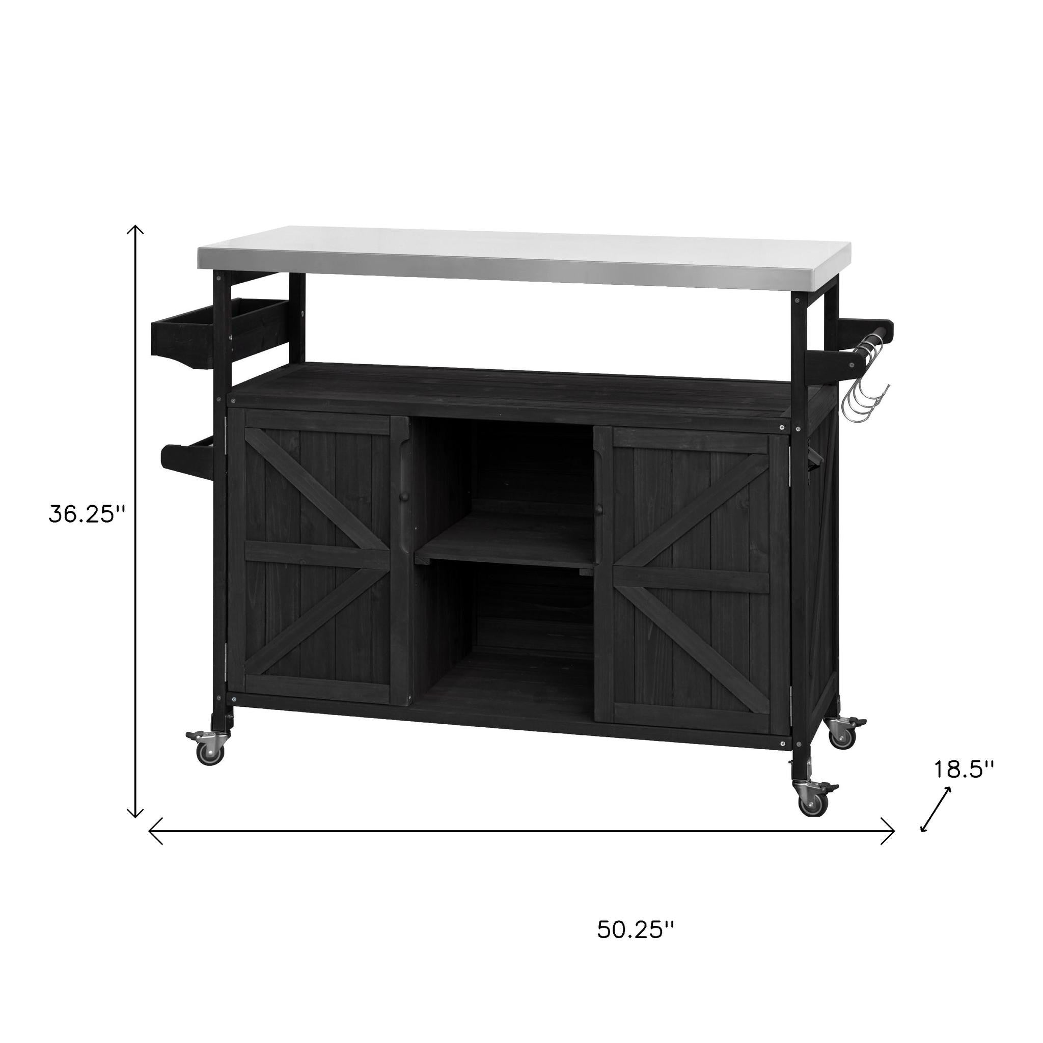 50" Black Wood Rolling Kitchen Island With Storage - GreatEagleInc