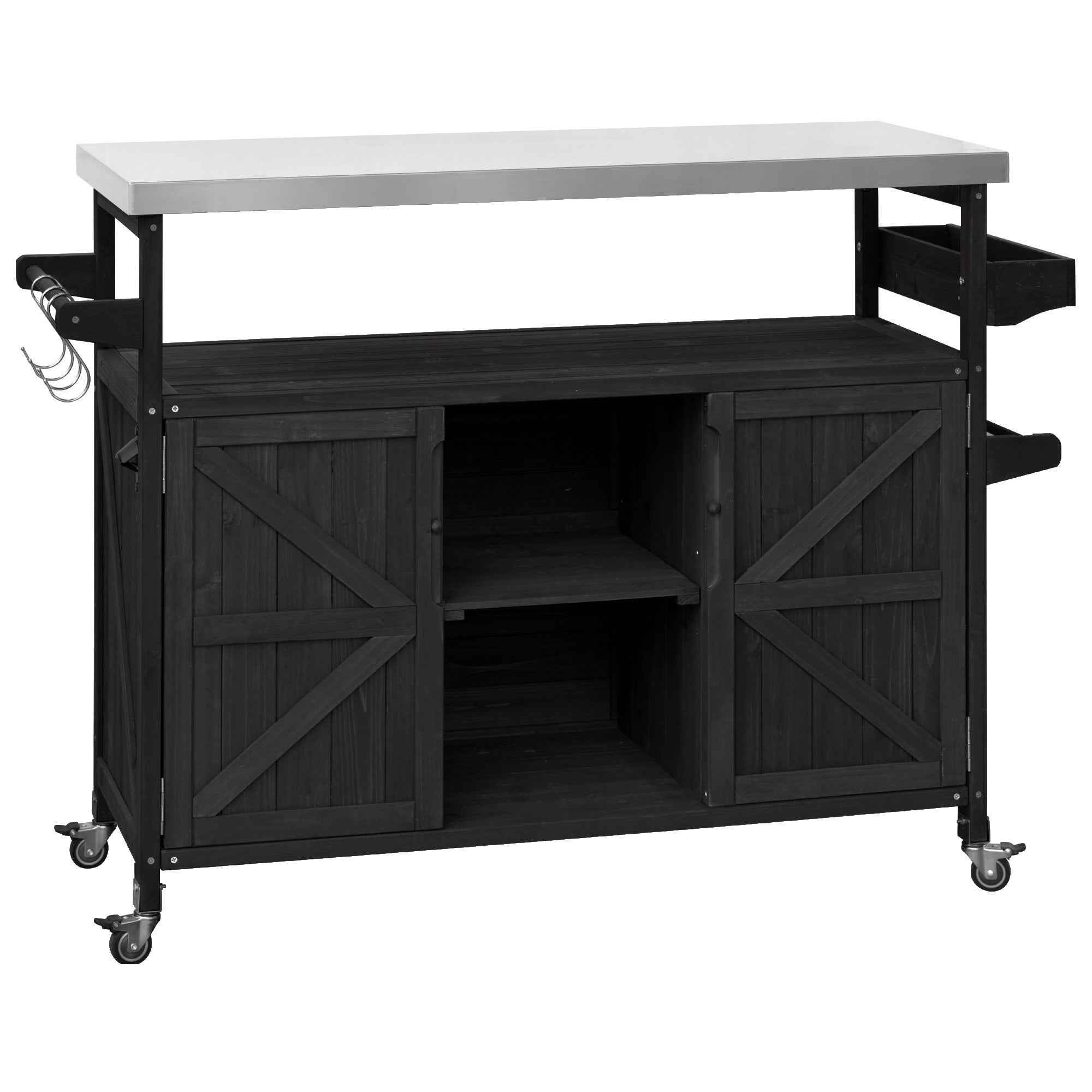 50" Black Wood Rolling Kitchen Island With Storage