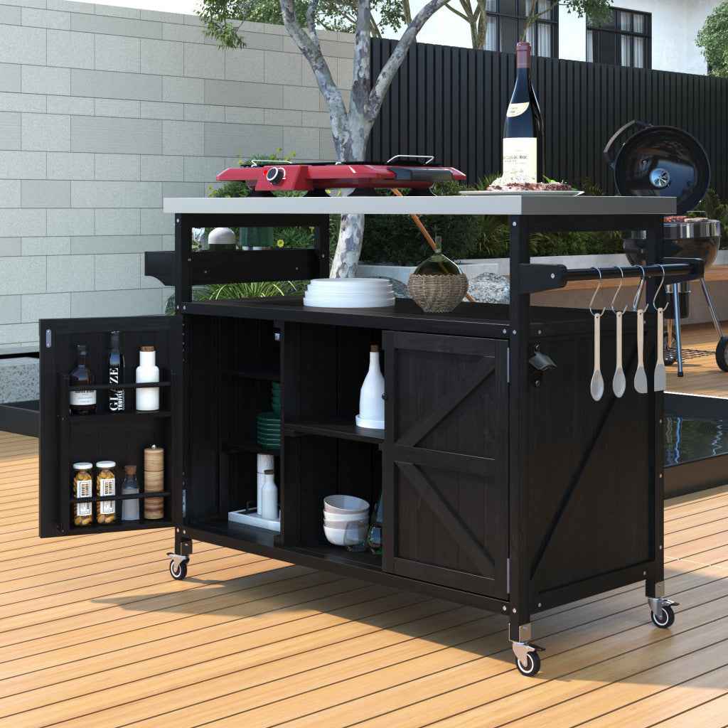 50" Black Wood Rolling Kitchen Island With Storage