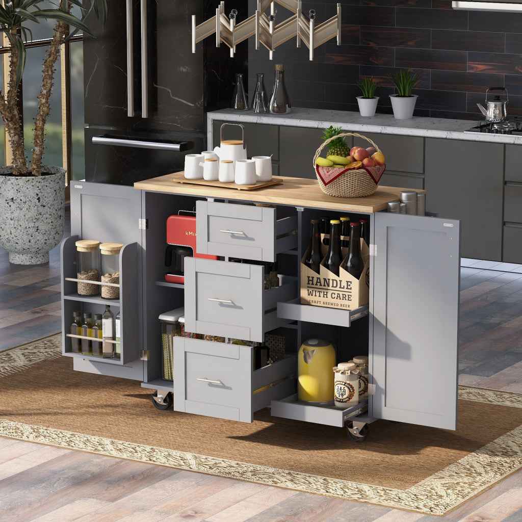 50" Gray Wood Rolling Kitchen Island
