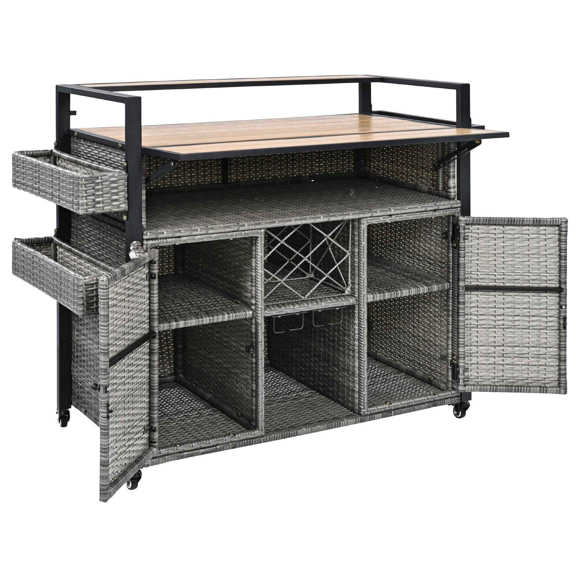 53" Gray Wood and Metal Rolling Kitchen Island With Storage