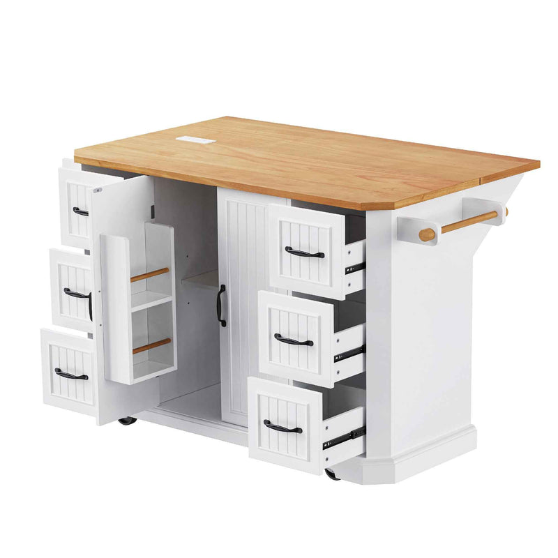 56" White Wood Rolling Kitchen Island