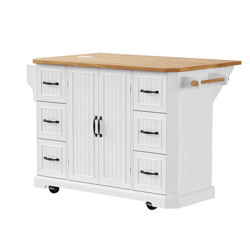 56" White Wood Rolling Kitchen Island
