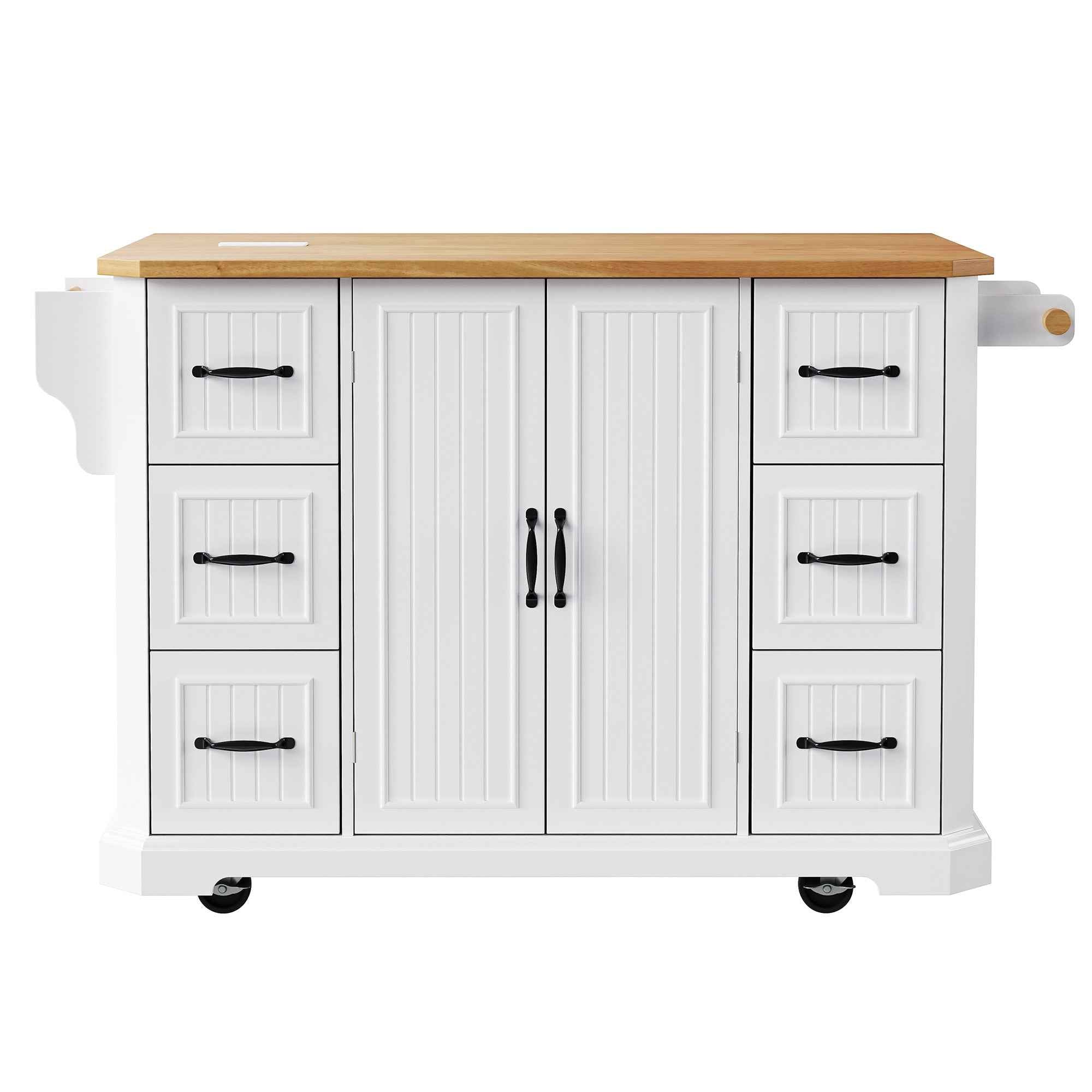56" White Wood Rolling Kitchen Island