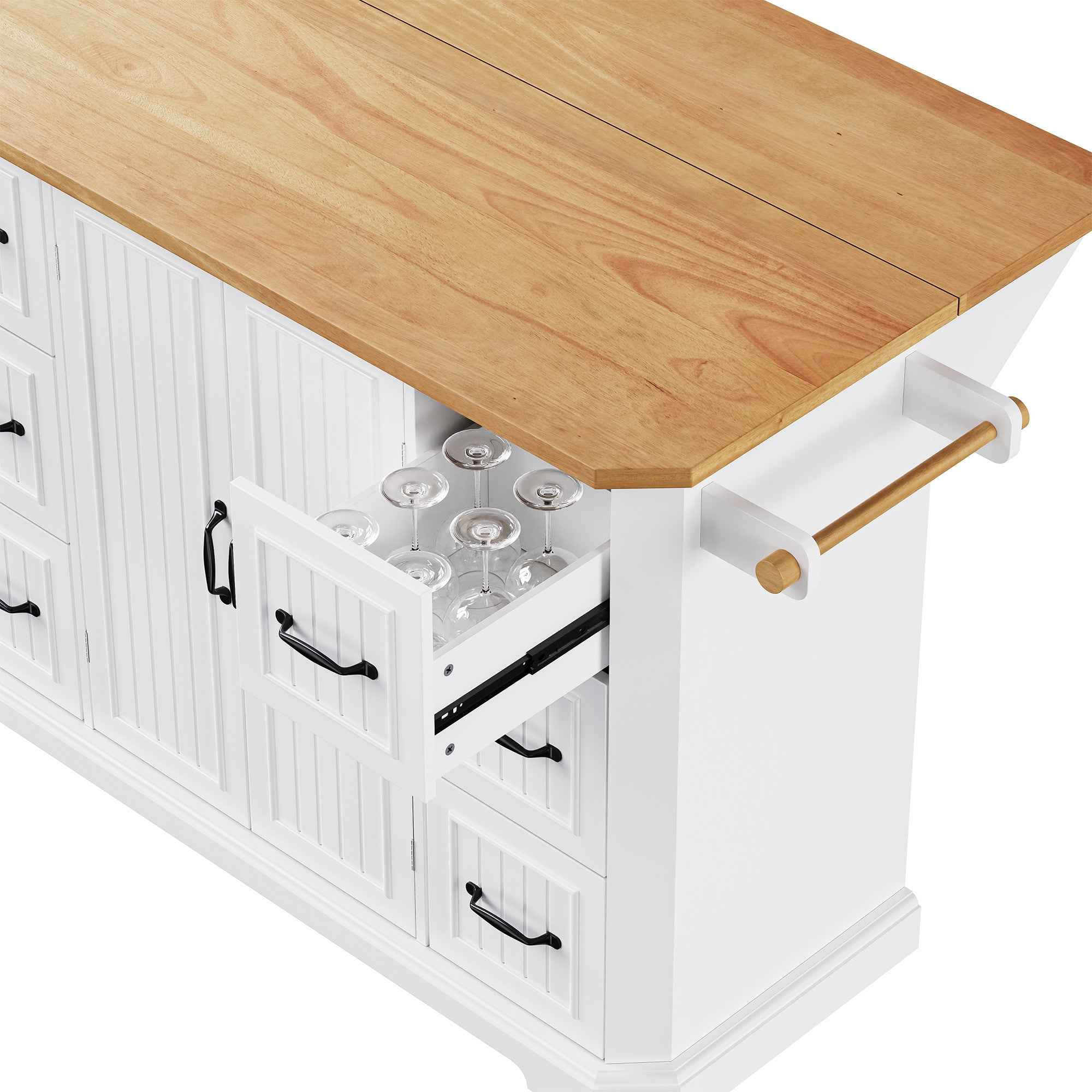 56" White Wood Rolling Kitchen Island