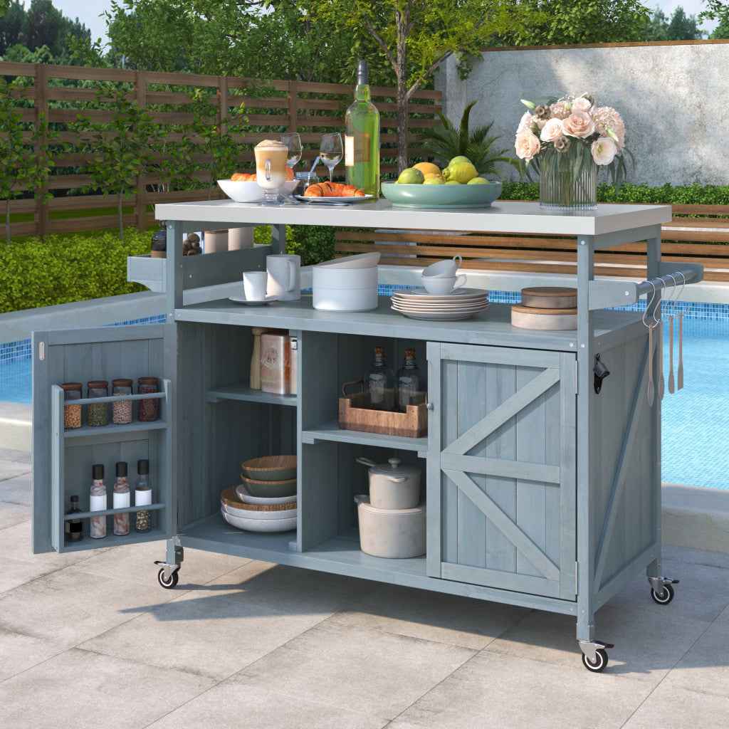 50" Light Blue Wood Rolling Kitchen Island With Storage