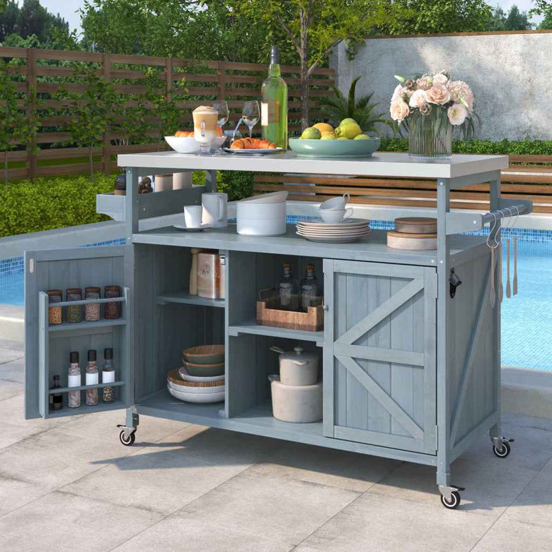 50" Light Blue Wood Rolling Kitchen Island With Storage