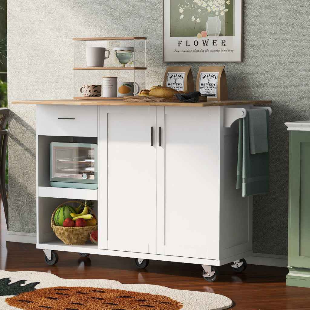 49" White Wood Rolling Kitchen Island With Storage