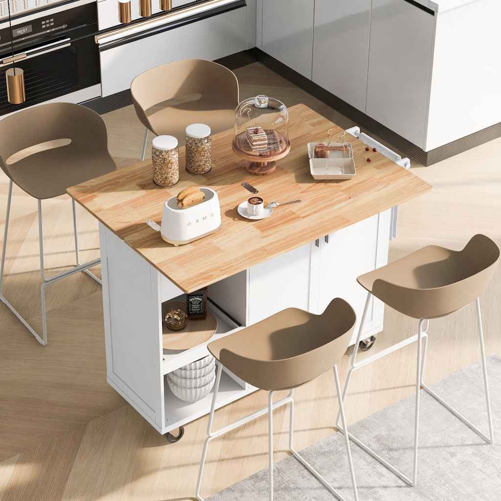 49" White Wood Rolling Kitchen Island With Storage