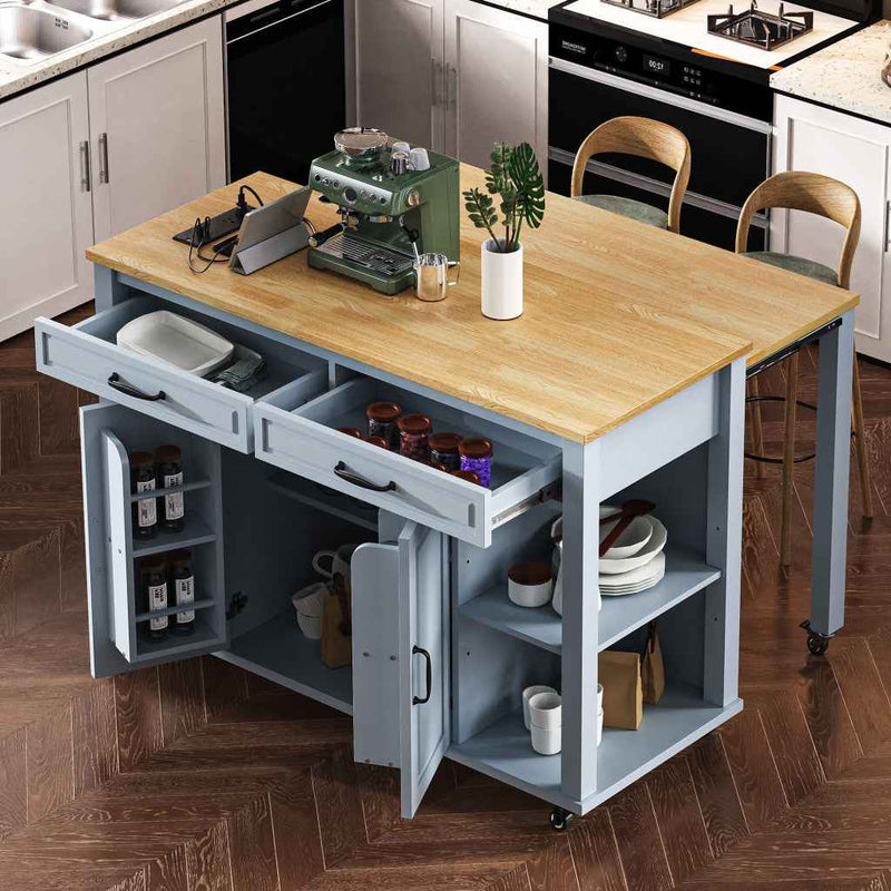 47" Light Blue Wood Rolling Kitchen Island With Storage
