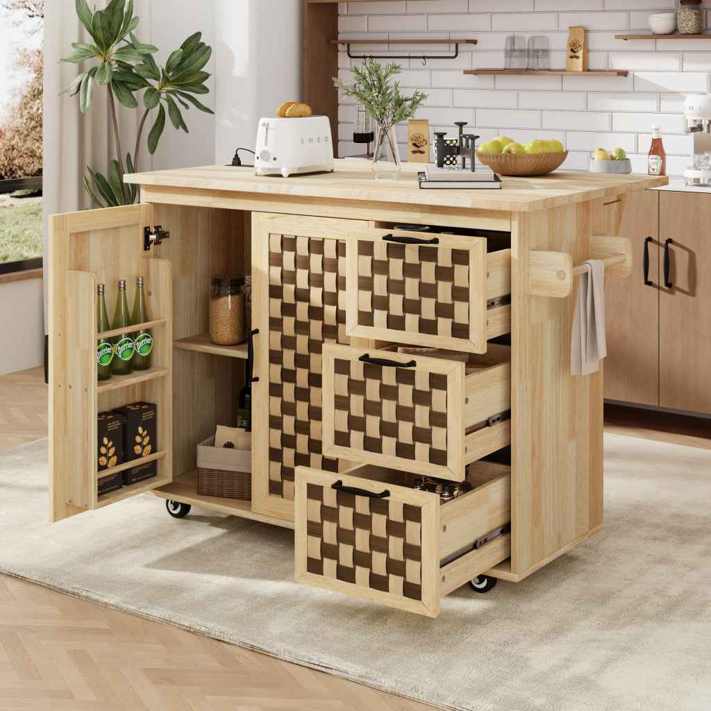 53" Natural Wood Rolling Kitchen Island