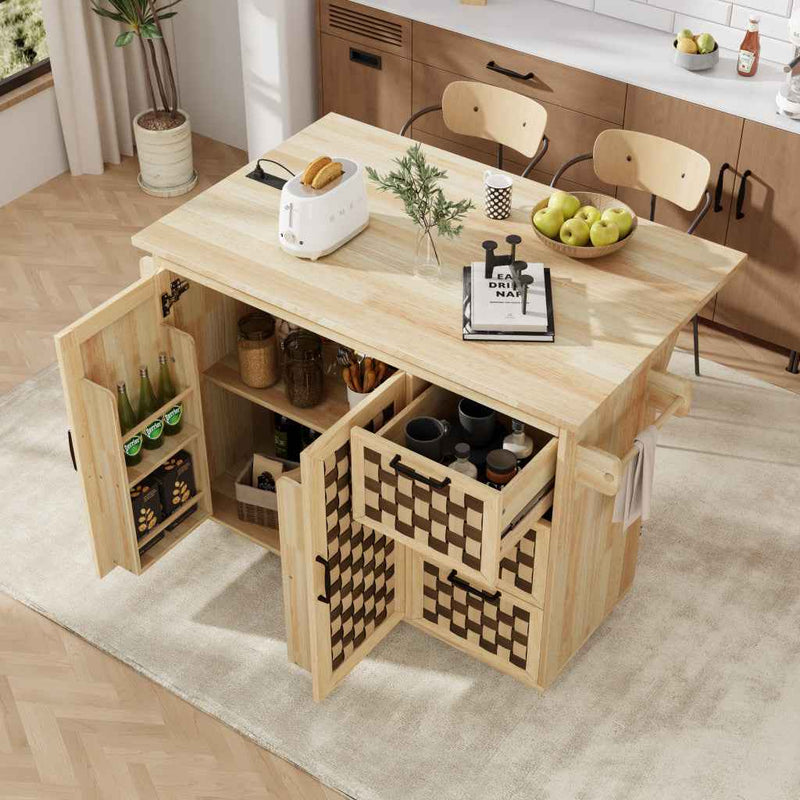 53" Natural Wood Rolling Kitchen Island