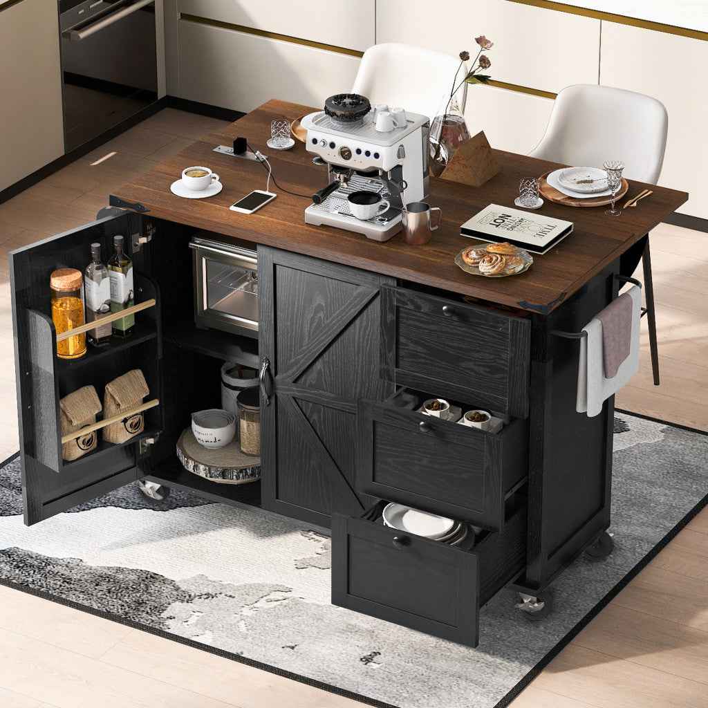 55" Black Wood Rolling Kitchen Island