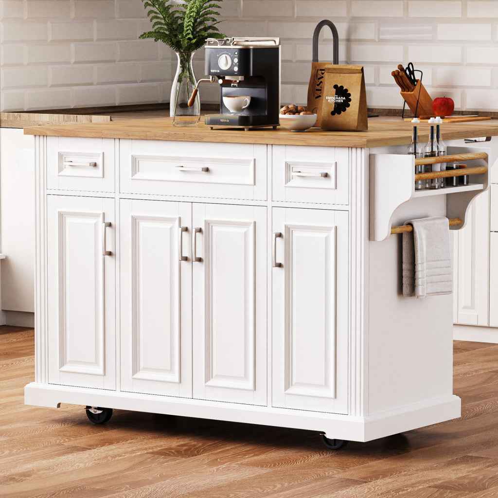 54" White Wood Rolling Kitchen Island With Storage