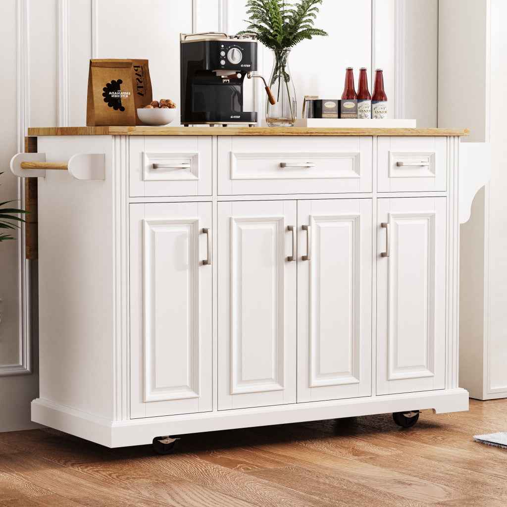 54" White Wood Rolling Kitchen Island With Storage
