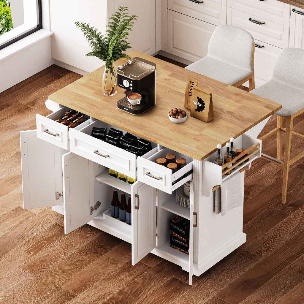 54" White Wood Rolling Kitchen Island With Storage