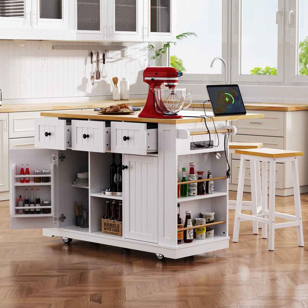 53" White Wood Rolling Kitchen Island Set With Storage