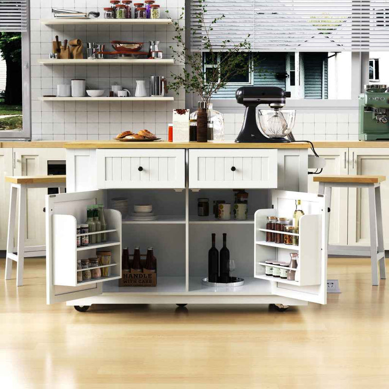 45" White Wood Rolling Kitchen Island Set With Storage