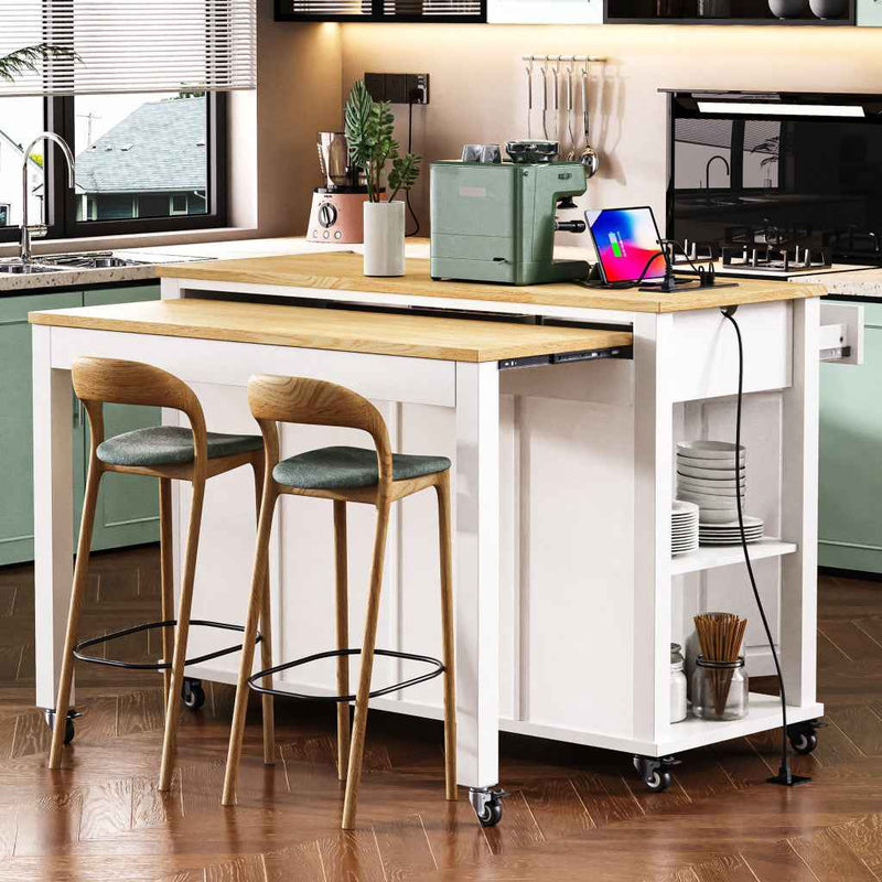 47" White Wood Rolling Kitchen Island With Storage
